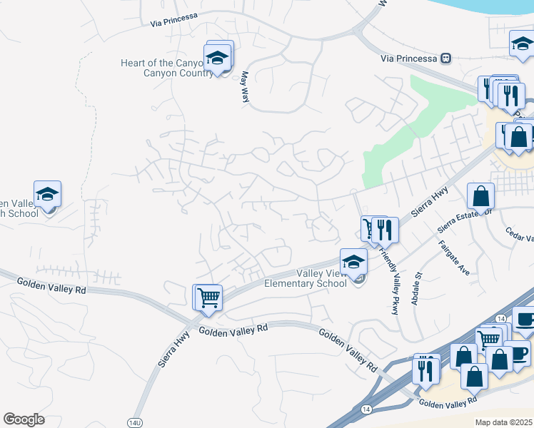 map of restaurants, bars, coffee shops, grocery stores, and more near 19706 Spanish Oak Drive in Santa Clarita