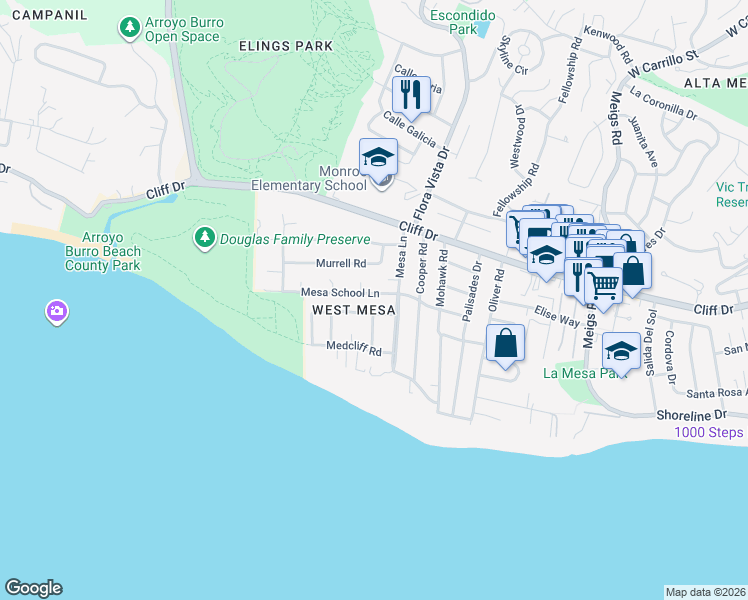 map of restaurants, bars, coffee shops, grocery stores, and more near 2425 Mesa School Lane in Santa Barbara