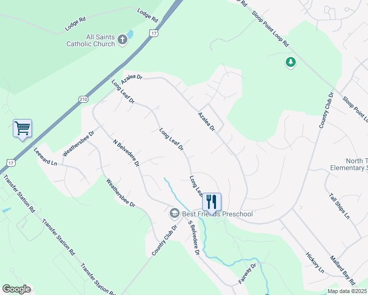map of restaurants, bars, coffee shops, grocery stores, and more near 216 Long Leaf Drive in Hampstead