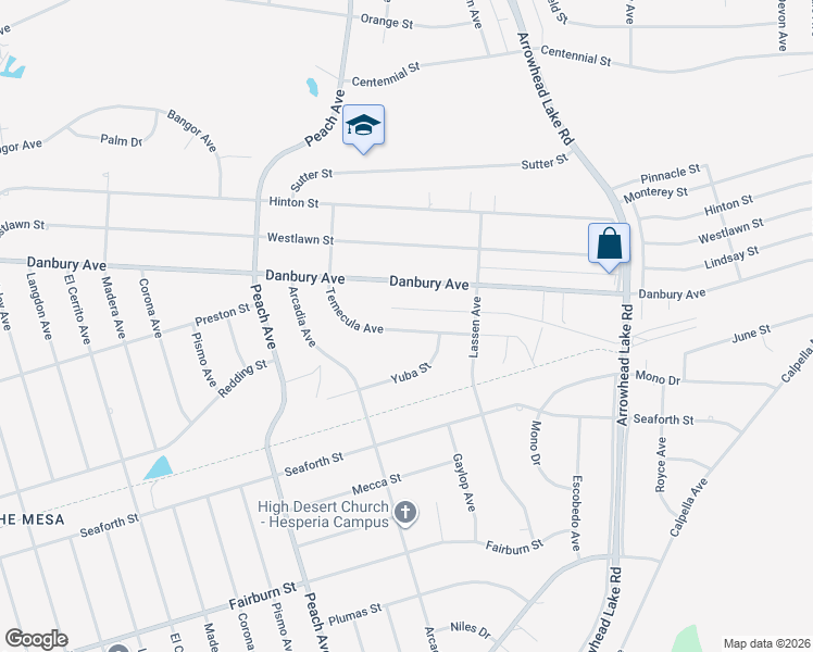 map of restaurants, bars, coffee shops, grocery stores, and more near 18554 Temecula Avenue in Hesperia
