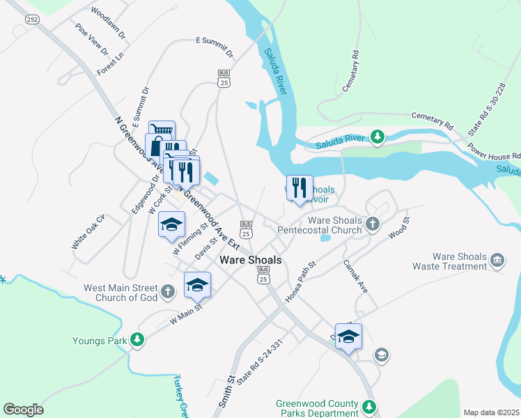 map of restaurants, bars, coffee shops, grocery stores, and more near 22 Pearl Street in Ware Shoals