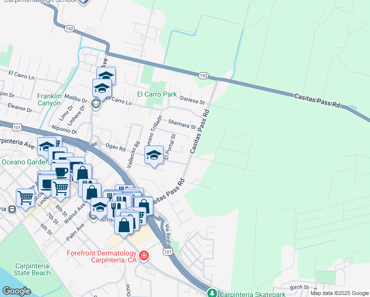 map of restaurants, bars, coffee shops, grocery stores, and more near 5378 Santa Rosa Lane in Carpinteria