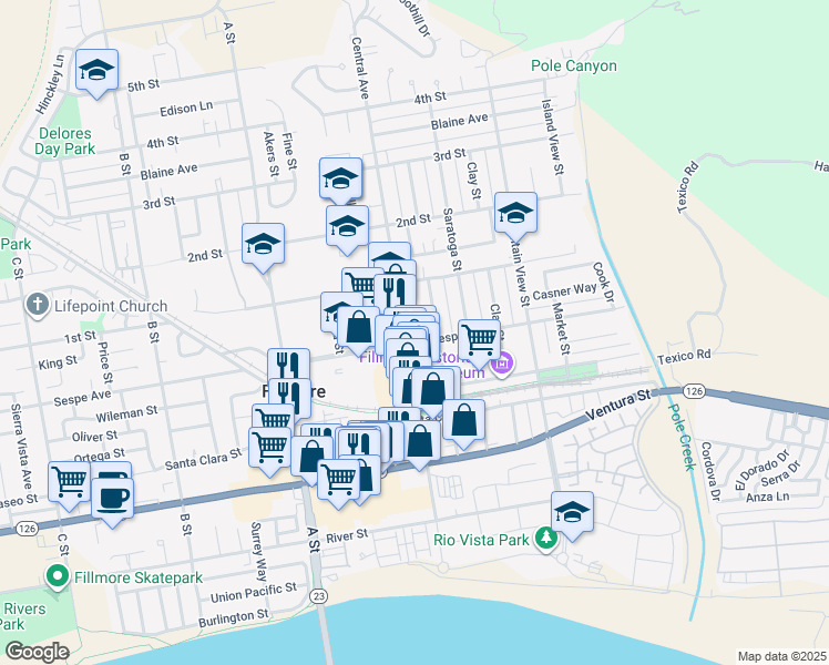 map of restaurants, bars, coffee shops, grocery stores, and more near 404 Central Avenue in Fillmore