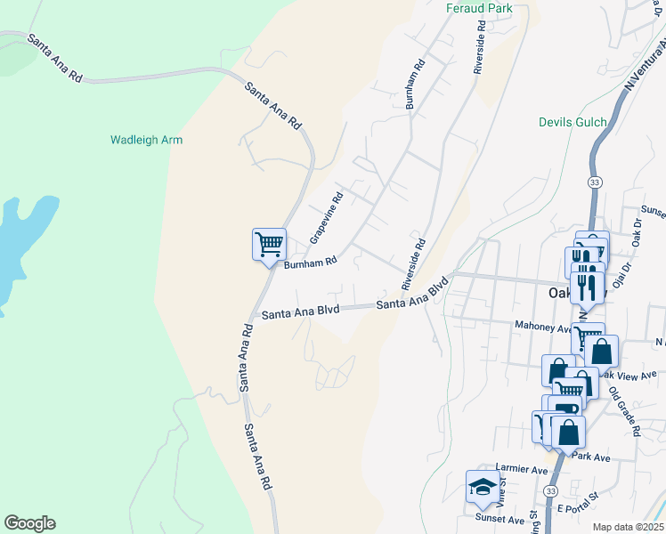 map of restaurants, bars, coffee shops, grocery stores, and more near 94 Burnham Road in Oak View
