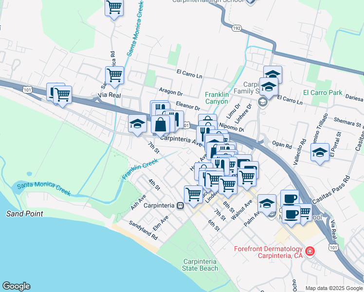 map of restaurants, bars, coffee shops, grocery stores, and more near 4682 9th Street in Carpinteria