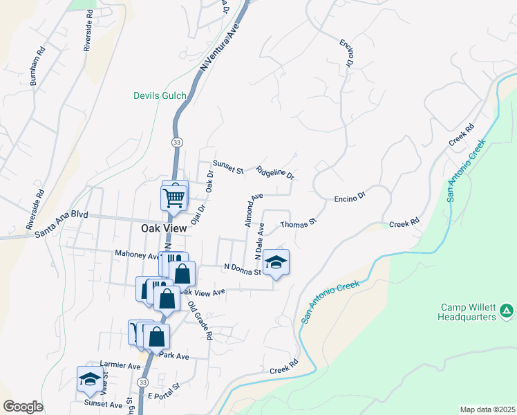 map of restaurants, bars, coffee shops, grocery stores, and more near 10565 North Dale Avenue in Oak View