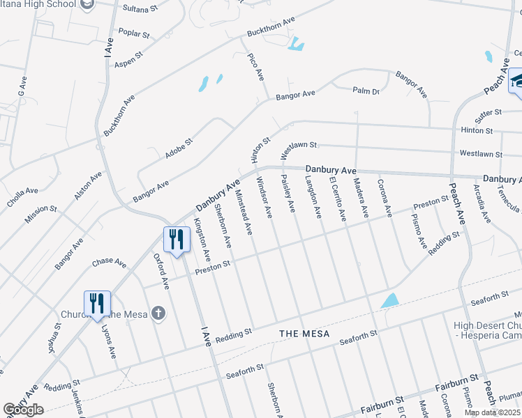 map of restaurants, bars, coffee shops, grocery stores, and more near 8260 Windsor Avenue in Hesperia