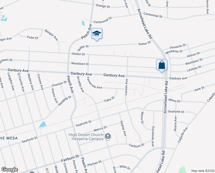 map of restaurants, bars, coffee shops, grocery stores, and more near 18554 Temecula Avenue in Hesperia