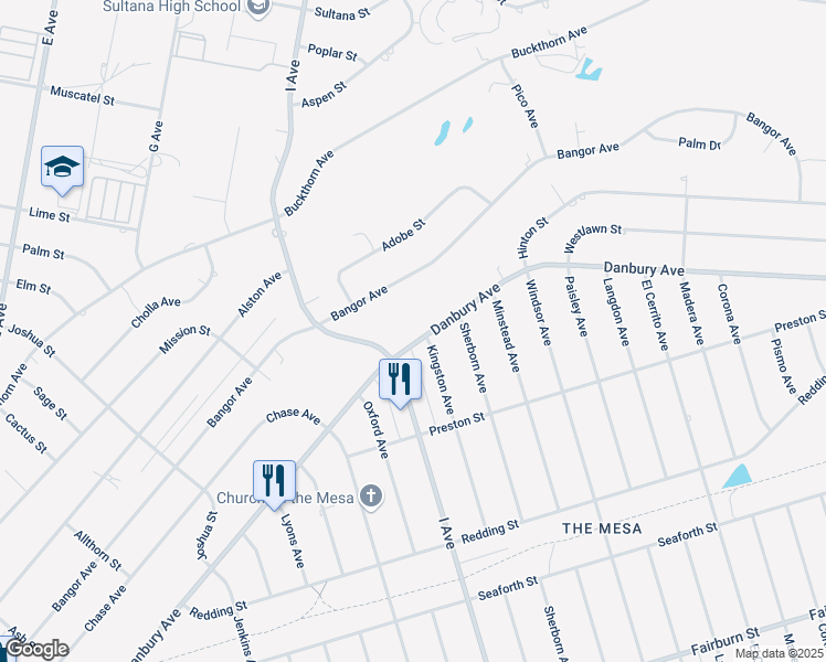 map of restaurants, bars, coffee shops, grocery stores, and more near 17540 Danbury Avenue in Hesperia