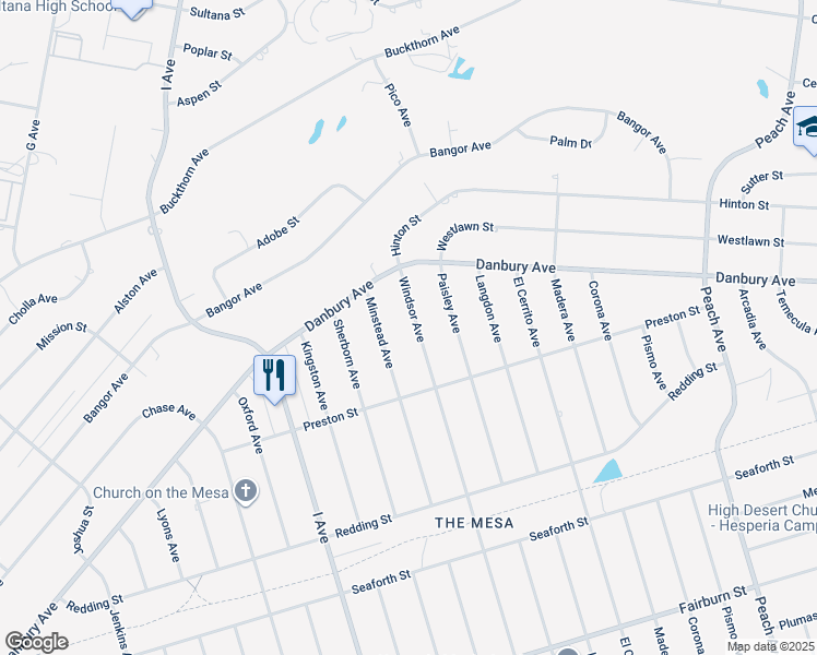 map of restaurants, bars, coffee shops, grocery stores, and more near 8260 Windsor Avenue in Hesperia