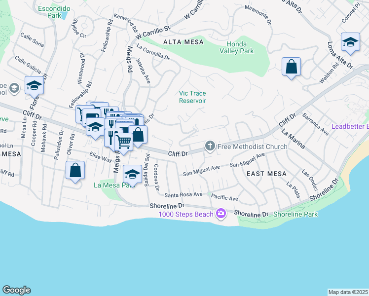 map of restaurants, bars, coffee shops, grocery stores, and more near 1535 La Vista Del Oceano in Santa Barbara