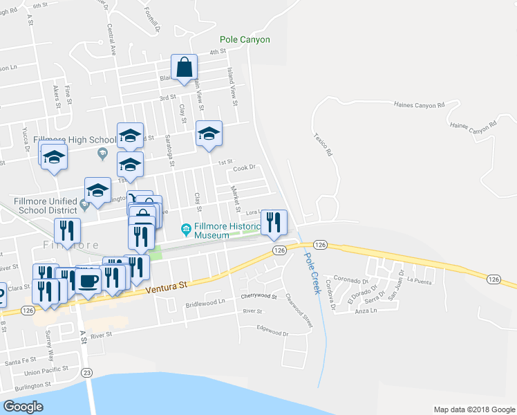 map of restaurants, bars, coffee shops, grocery stores, and more near 165 Lora Lane in Fillmore