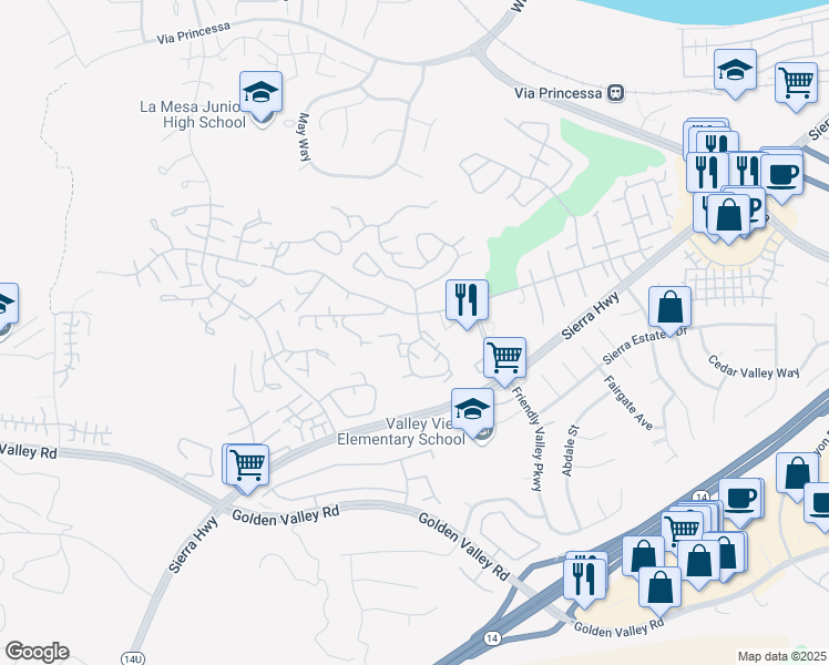 map of restaurants, bars, coffee shops, grocery stores, and more near 26371 Oak Highland Drive in Santa Clarita