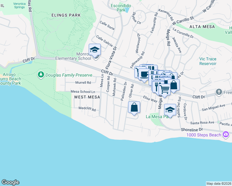 map of restaurants, bars, coffee shops, grocery stores, and more near 316 Mohawk Road in Santa Barbara