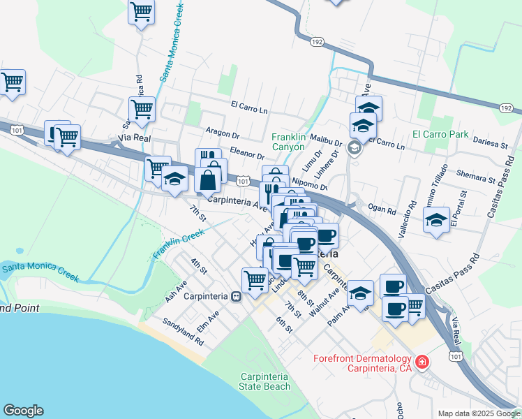map of restaurants, bars, coffee shops, grocery stores, and more near 4745 Carpinteria Avenue in Carpinteria