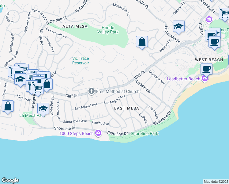 map of restaurants, bars, coffee shops, grocery stores, and more near 1315 San Rafael Avenue in Santa Barbara