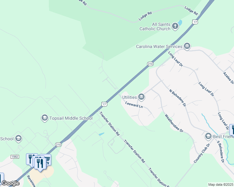 map of restaurants, bars, coffee shops, grocery stores, and more near 18525-18599 Highway 210 in Hampstead