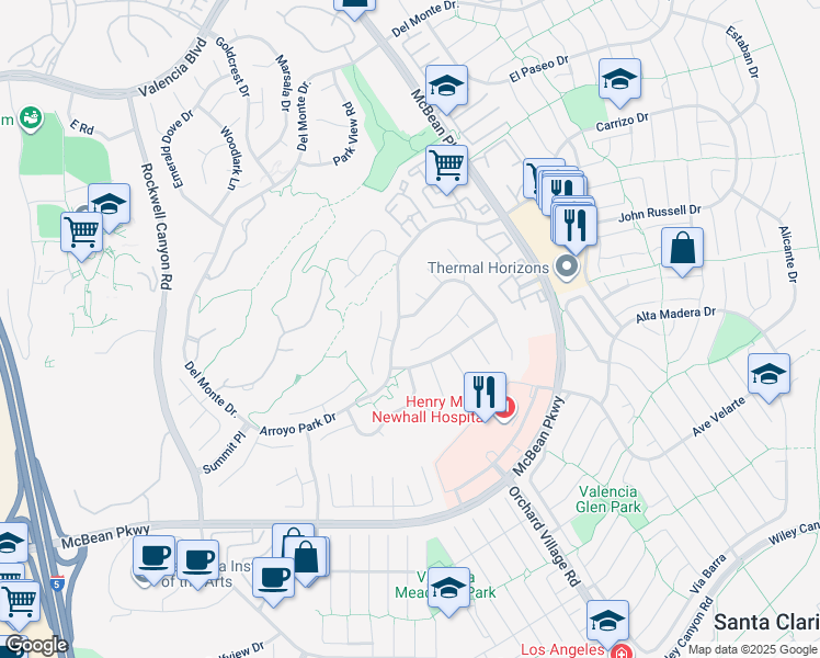 map of restaurants, bars, coffee shops, grocery stores, and more near 26087 Bellis Drive in Santa Clarita