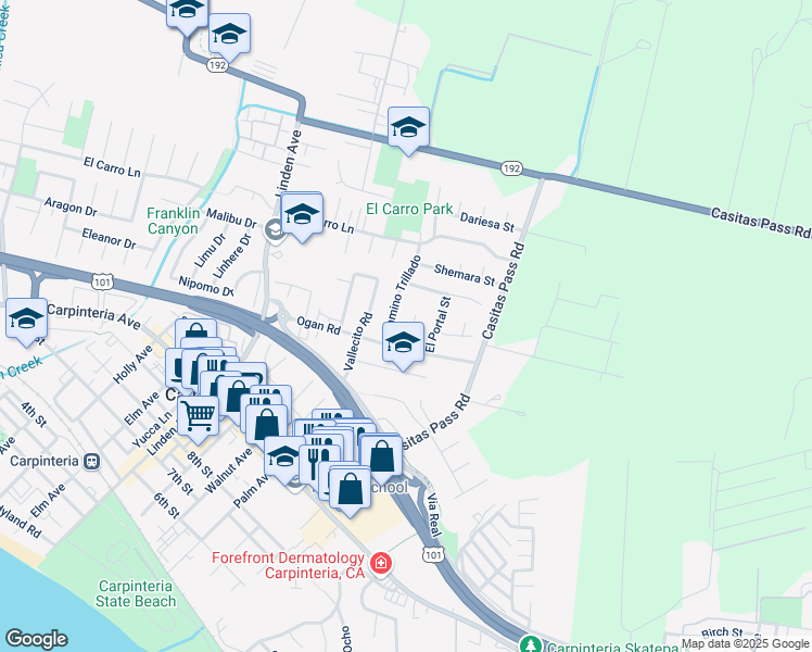 map of restaurants, bars, coffee shops, grocery stores, and more near 1316 Camino Trillado in Carpinteria