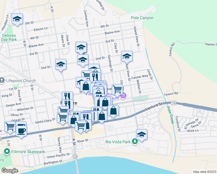map of restaurants, bars, coffee shops, grocery stores, and more near 400 Fillmore Street in Fillmore