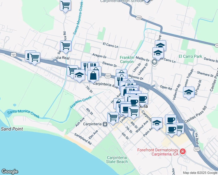 map of restaurants, bars, coffee shops, grocery stores, and more near 4677 Carpinteria Avenue in Carpinteria