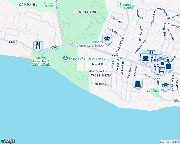 map of restaurants, bars, coffee shops, grocery stores, and more near 2555 Mesa School Lane in Santa Barbara