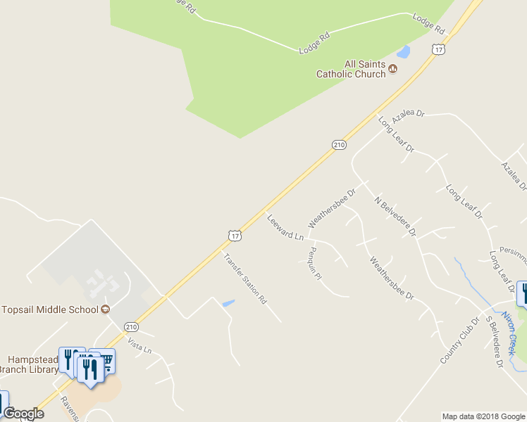 map of restaurants, bars, coffee shops, grocery stores, and more near 18599 Highway 210 in Hampstead