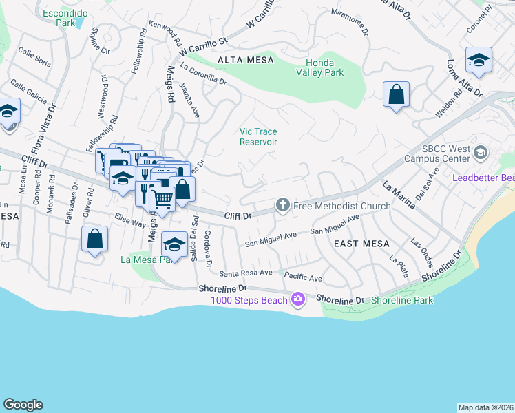 map of restaurants, bars, coffee shops, grocery stores, and more near 1535 La Vista Del Oceano in Santa Barbara