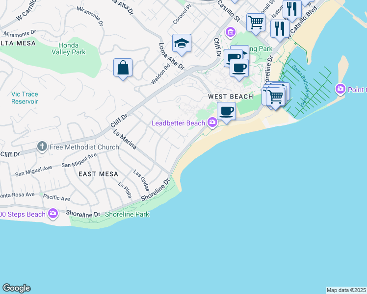 map of restaurants, bars, coffee shops, grocery stores, and more near 26 Barranca Avenue in Santa Barbara