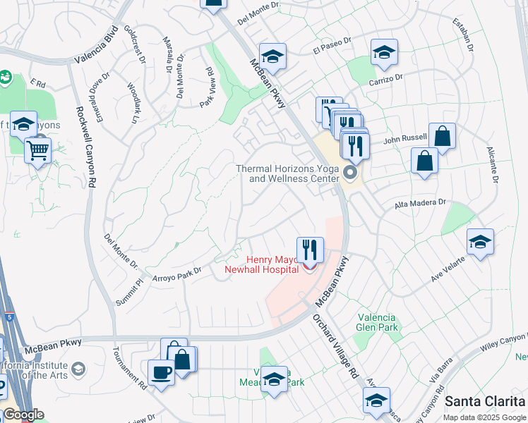 map of restaurants, bars, coffee shops, grocery stores, and more near 24109 Saint Moritz Drive in Santa Clarita