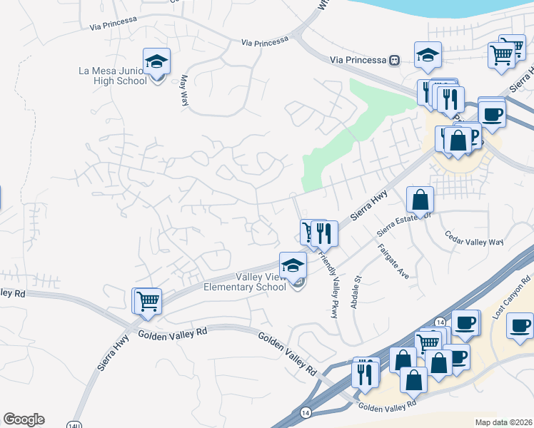map of restaurants, bars, coffee shops, grocery stores, and more near 26373 Oak Highland Drive in Santa Clarita