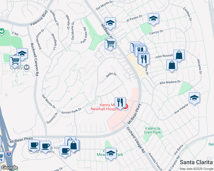 map of restaurants, bars, coffee shops, grocery stores, and more near 24109 Saint Moritz Drive in Santa Clarita