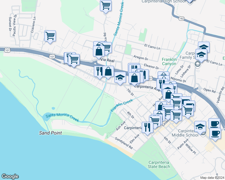 map of restaurants, bars, coffee shops, grocery stores, and more near 4523 Carpinteria Avenue in Carpinteria