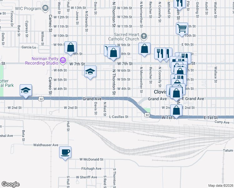 map of restaurants, bars, coffee shops, grocery stores, and more near 700-746 W Grand Ave in Clovis