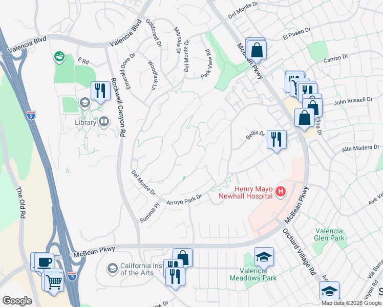 map of restaurants, bars, coffee shops, grocery stores, and more near 24670 Brighton Drive in Santa Clarita