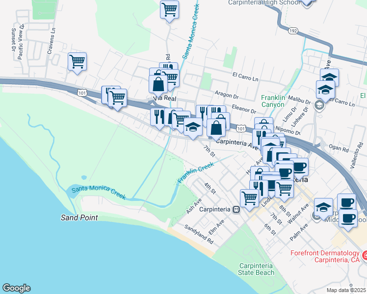 map of restaurants, bars, coffee shops, grocery stores, and more near 4523 Carpinteria Avenue in Carpinteria