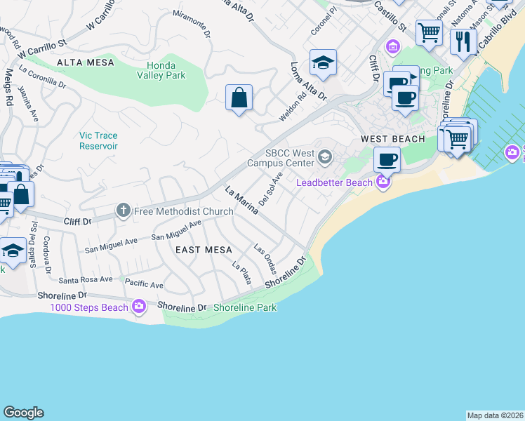 map of restaurants, bars, coffee shops, grocery stores, and more near 247 La Marina in Santa Barbara