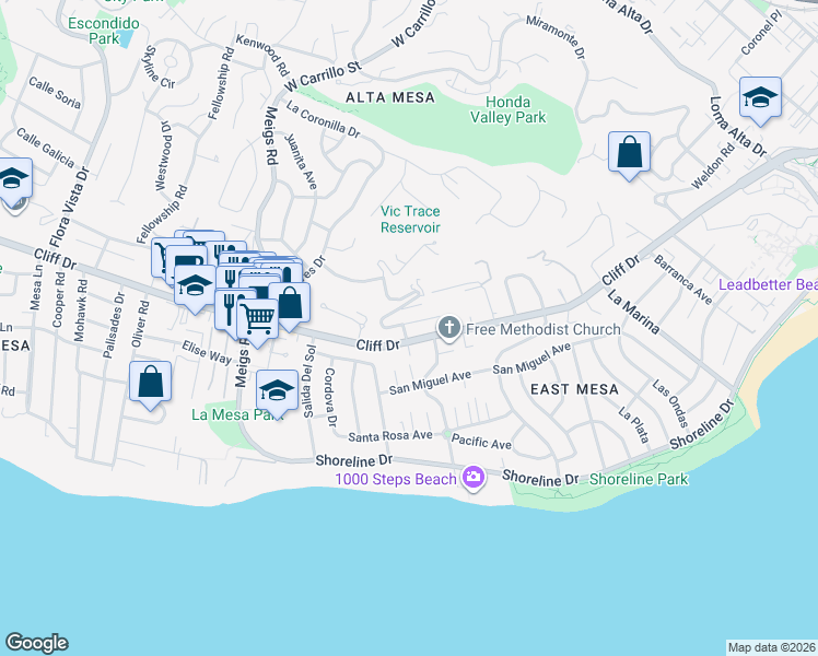 map of restaurants, bars, coffee shops, grocery stores, and more near 1535 La Vista Del Oceano in Santa Barbara