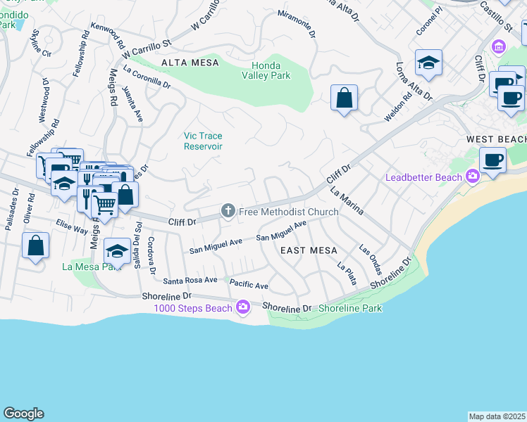 map of restaurants, bars, coffee shops, grocery stores, and more near 1333 Cliff Drive in Santa Barbara