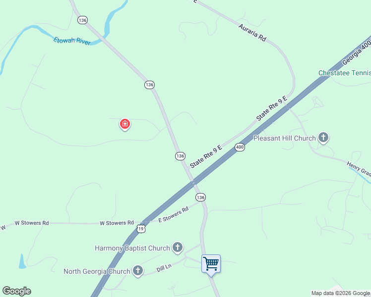 map of restaurants, bars, coffee shops, grocery stores, and more near 5869 Georgia 136 in Dawsonville