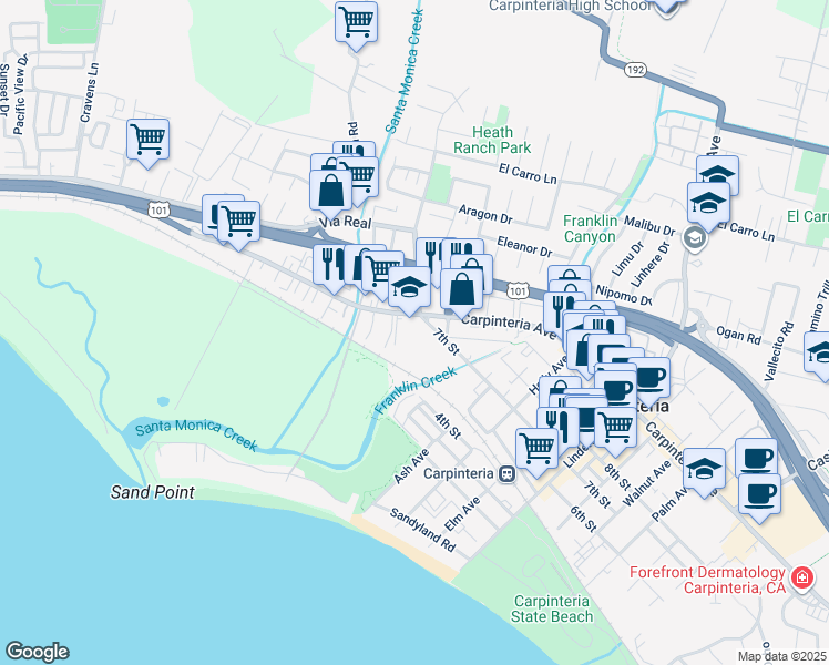 map of restaurants, bars, coffee shops, grocery stores, and more near 4545 Carpinteria Avenue in Carpinteria
