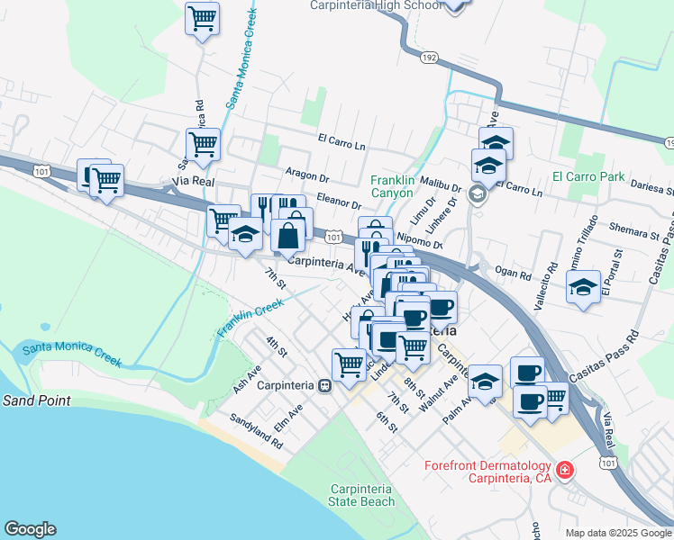 map of restaurants, bars, coffee shops, grocery stores, and more near 4677 Carpinteria Avenue in Carpinteria