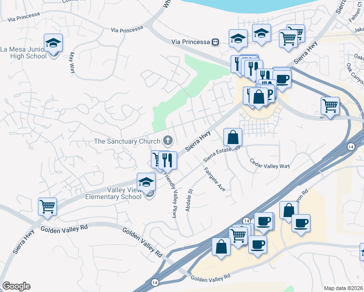 map of restaurants, bars, coffee shops, grocery stores, and more near 19208 Avenue Of The Oaks in Santa Clarita