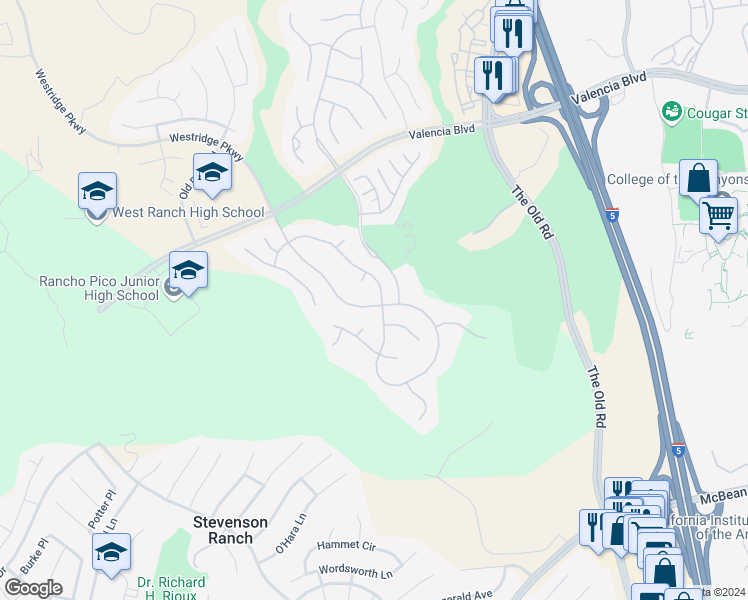 map of restaurants, bars, coffee shops, grocery stores, and more near 26406 Valley Oak Lane in Stevenson Ranch