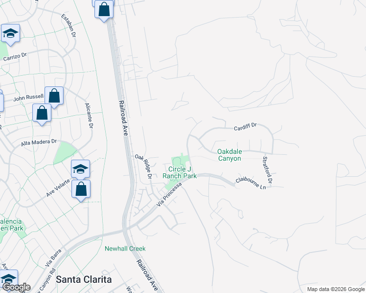 map of restaurants, bars, coffee shops, grocery stores, and more near 25463 Sheffield Lane in Santa Clarita