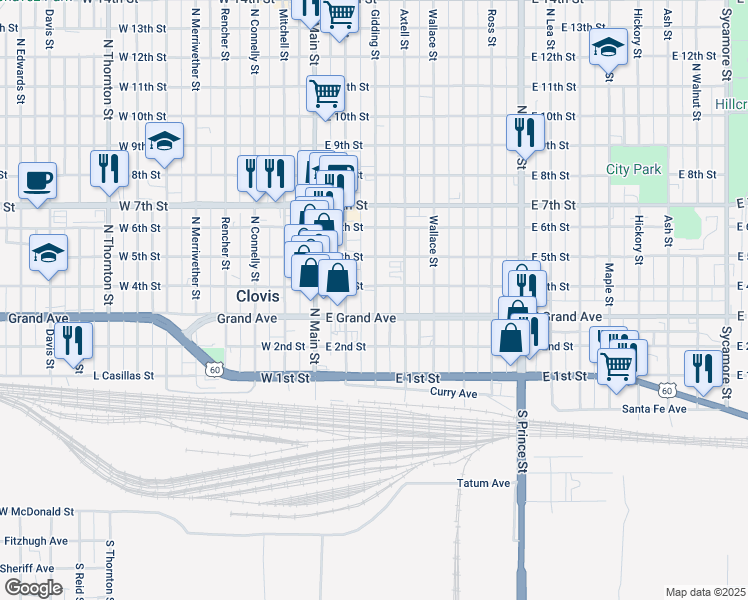 map of restaurants, bars, coffee shops, grocery stores, and more near 302 Gidding St in Clovis