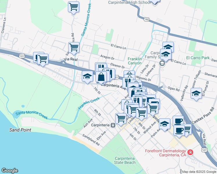 map of restaurants, bars, coffee shops, grocery stores, and more near 4682 9th Street in Carpinteria
