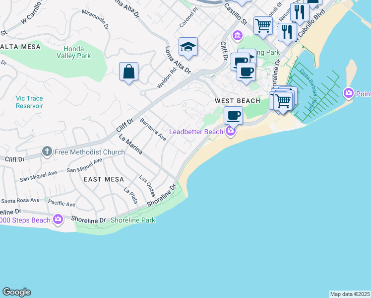 map of restaurants, bars, coffee shops, grocery stores, and more near 50 Barranca Avenue in Santa Barbara