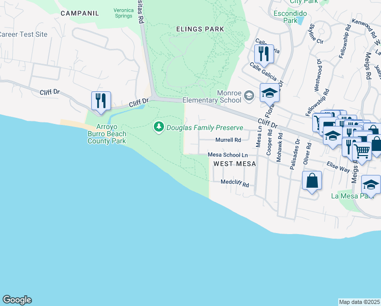 map of restaurants, bars, coffee shops, grocery stores, and more near 2704 Mesa School Lane in Santa Barbara