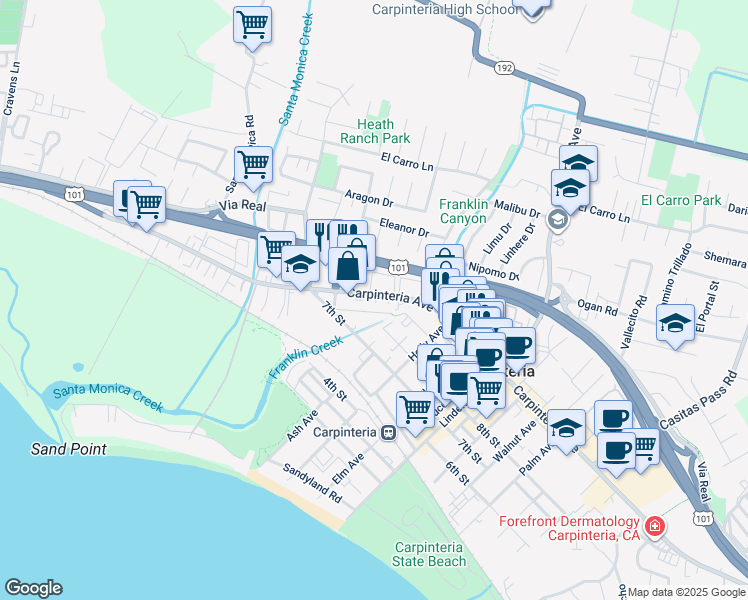 map of restaurants, bars, coffee shops, grocery stores, and more near 4682 9th Street in Carpinteria